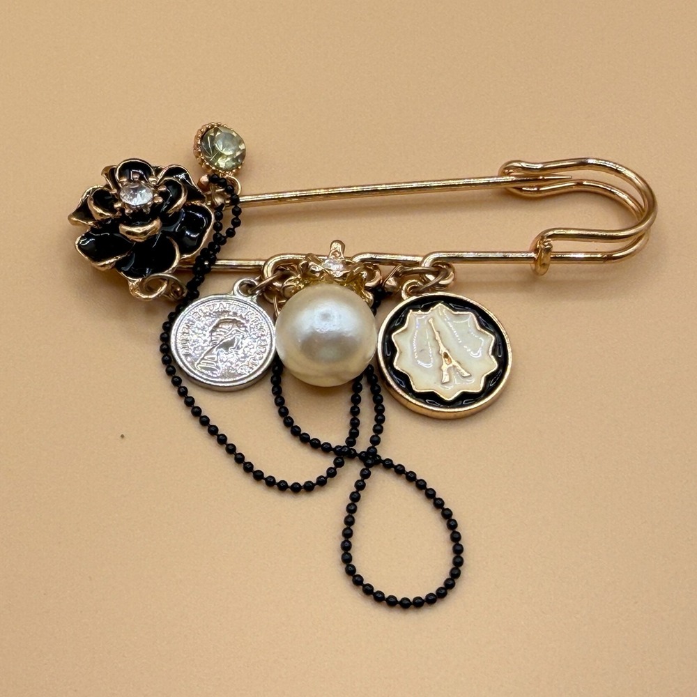 Gold Tone Safety Pin Brooch Black Enamel Flower Faux Pearl Paris Charm Vintage